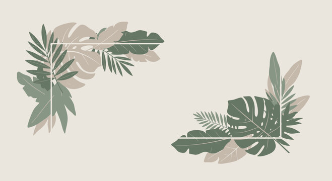 Tropical Leaves Corner Borders, Monstera Palm Fiddle Leaf Fig, Green Botanical Frame