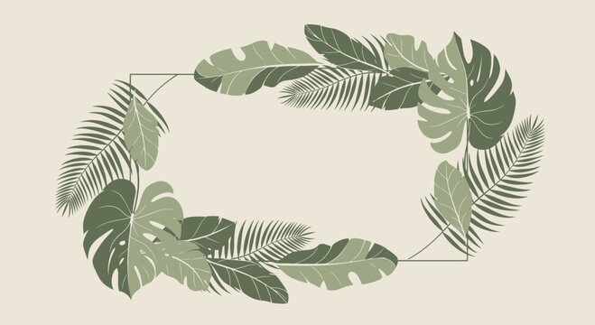 Tropical Leaves Frame with Geometric Border - Greenery Background Design
