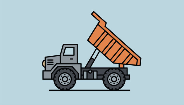 Flat vector illustration of an orange dump truck on a light blue background, perfect for industrial and construction design concepts.