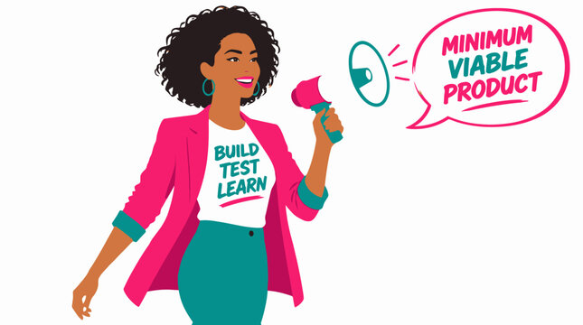 Woman with megaphone promoting minimum viable product concept.
