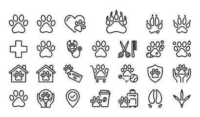 Fototapeta premium Animal Paw Print Icons Editable Stroke Thin Line Vector Pack