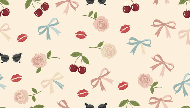 Girly coquette aesthetic seamless pattern featuring pink bows, red cherries, rose flowers, red lipstick marks, and cat eye sunglasses.
