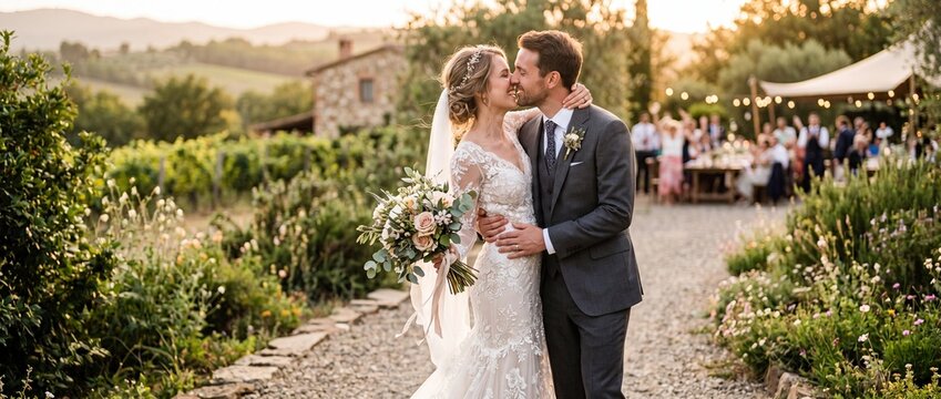 Wedding Couple Sharing Romantic Kiss Outdoors