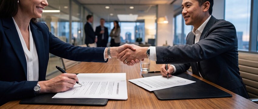 Close-Up Handshake Signing Partnership Agreement