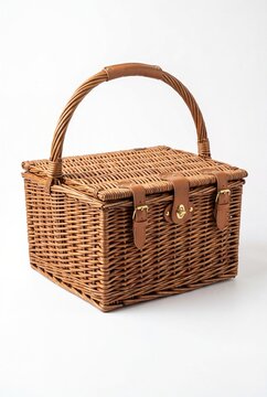 Picnic Basket Isolated on Clean White Surface