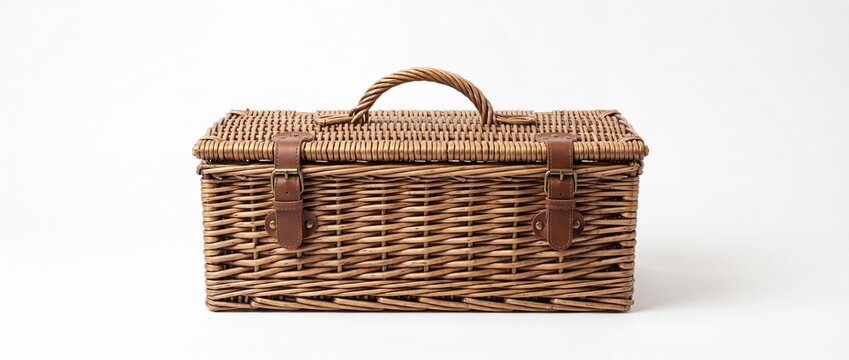 Picnic Basket Isolated on Clean White Surface