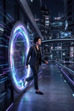 Businesswoman Entering Neon Portal Transformation Concept