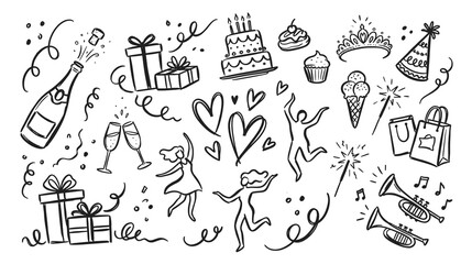 A charming sketch featuring celebratory elements like hearts champagne and gifts, sparklers, desserts, cake, ice cream, tiaras, souvenir bags, trumpets, dancing © bow