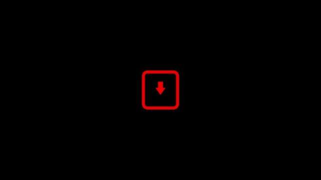 A simple red download with a downward arrow inside a square outline on a solid black background representing digital transfer and data saving actions