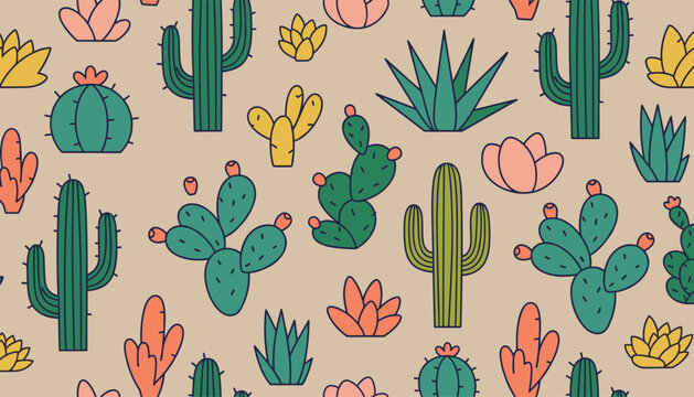 Cute seamless pattern of various cartoon cacti and succulent plants, displaying a range of colors and shapes on a sandy beige background.