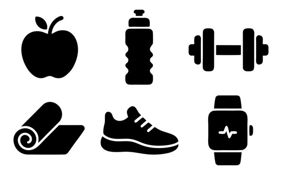 Set of 6 fitness wellness glyph icons featuring apple water bottle dumbbell yoga shoe and smartwatch