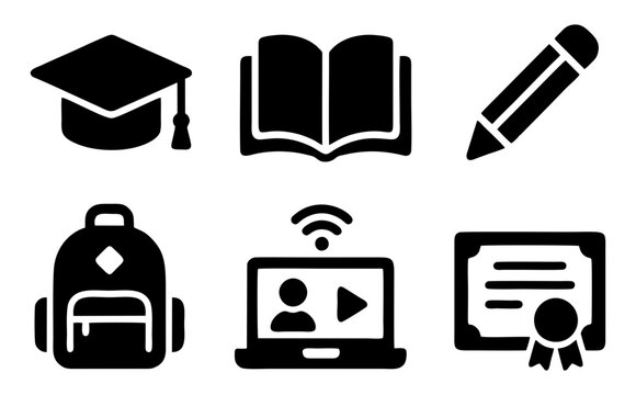 Set of 6 education learning glyph icons featuring graduation book pencil backpack online class and certificate