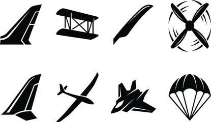 Black silhouette aviation and flight icon set featuring airplanes, propellers, fighter jet, and parachute elements © Mdjoshel 