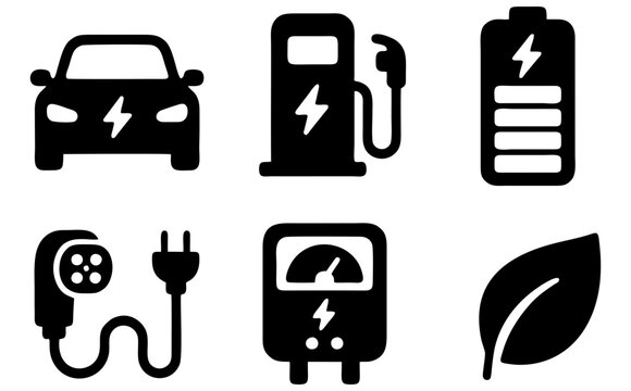 Set of 6 electric vehicle clean energy charging battery sustainability glyph icons for modern application interfaces