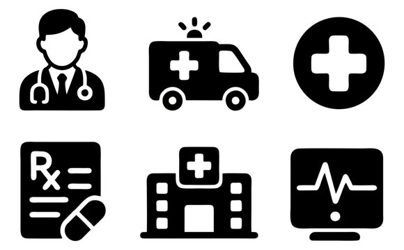 Set of 6 medical healthcare glyph icons featuring doctor ambulance hospital prescription cross and heart monitor for health applications