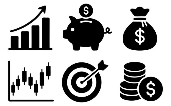 Set of 6 financial growth glyph icons including chart piggy bank money bag target coins and investment