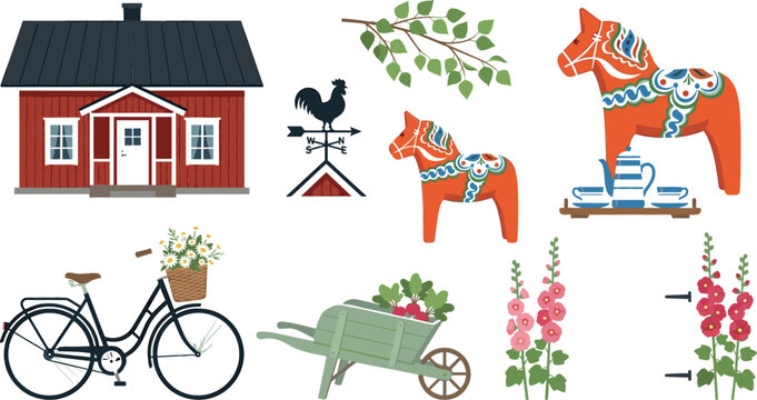 Traditional Swedish Red House and Dala Horse Vector Illustration Set with Bicycle Weather Vane Wheelbarrow Flowers and Birch Branch for Countryside Cultured Designs