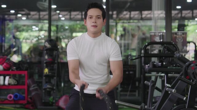 A determined young Asian man is performing an intense battle rope workout on the artificial turf of a gym.