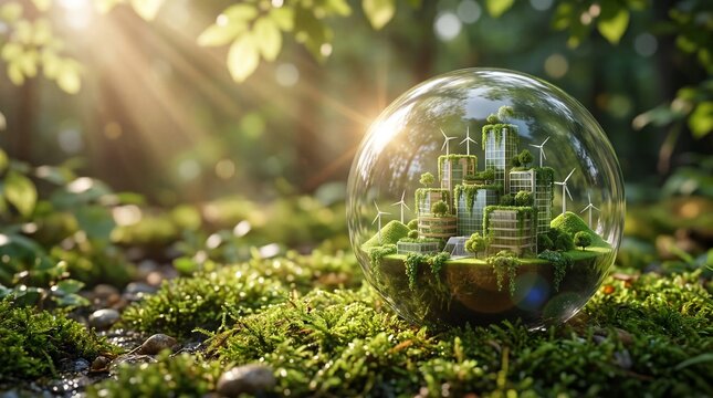 Modern eco-friendly city miniature with green rooftop buildings and wind turbines inside a clear glass globe