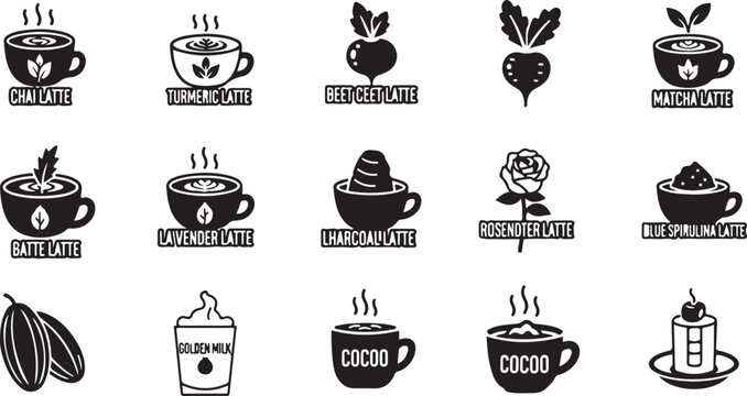 Collection of different flavored lattes with ingredients and steam chai turmeric beet cocoa