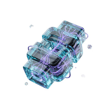 3D ai automation glass cubes connected with glowing purple digital energy lines in abstract transparent background design