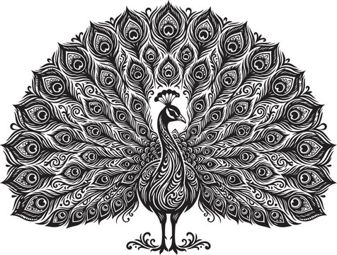 Black and white peacock, ornate bird illustration, zentangle peacock, vector art