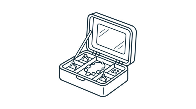 A simple line art illustration of an open jewelry box with a mirror and compartments.