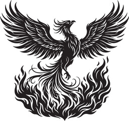Fototapeta premium Phoenix bird, mythical creature, black vector icon, fiery illustration, tattoo design