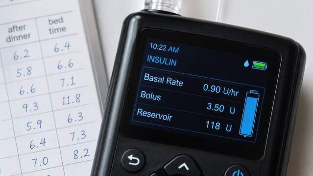 Close-up of a small insulin pump device screen displaying insulin delivery settings &mdash; basal rate, bolus amount, and reservoir units remaining.