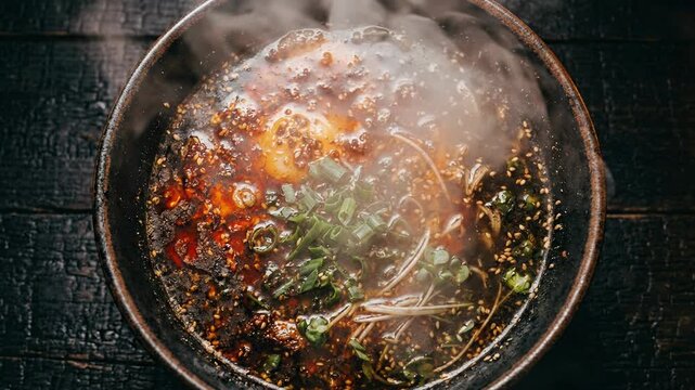 Comforting hot ramen noodle soup bowl filled with spicy chili broth fresh green scallion toppings releasing thick steam on rustic dark wood background delicious culinary food experience