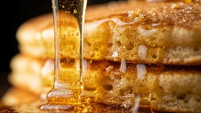 Golden sweet honey and warm syrup slow drip, pour over fresh fluffy pancake stack in detailed macro close up, evoking comforting morning breakfast food feeling