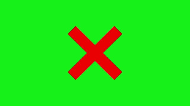 Red letter X symbol centered on green screen background. Error mark cross symbol for failed digital document verification. Animated cross sign graphic.