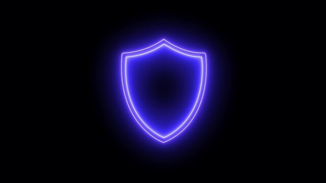 Glowing blue neon shield symbol on black background. Cybersecurity protection shield symbol for computer network safety. Animated shield graphic loop.