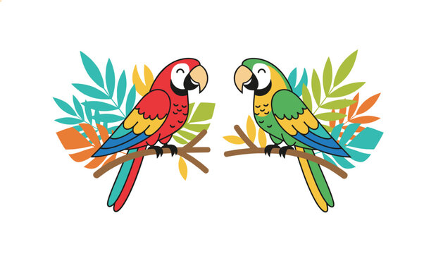 Two beautiful colorful parrots sitting on tree branches facing each other surrounded by tropical leaves.