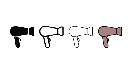 A collection of four simplified graphic illustrations of handheld hair dryers in various styles and colors including solid black outline and a muted rose shade © Sharif