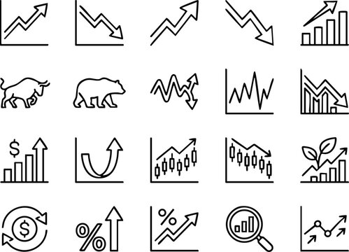 Stock market and financial analysis line icon set with analysis investment business percentage