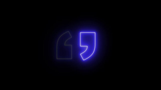 Blue neon quotation marks glowing on black background. Digital dialogue quotation marks symbol for corporate statement text. Animated neon sign loop.