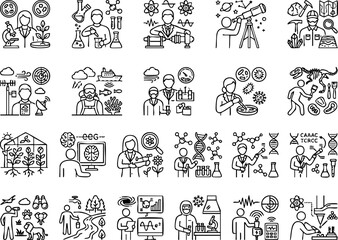 Naklejka premium Scientific research fields and professions line icon set with research scientist laboratory