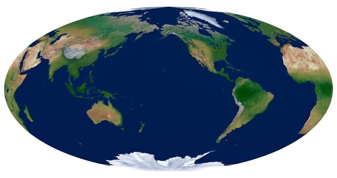 World Map. Aitoff projection animation. High-detail physical map of Earth. Rotating globe with continents and relief.