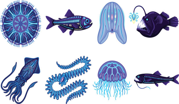 Collection of bioluminescent deep sea marine creatures and glowing ocean fish vector illustrations on white background