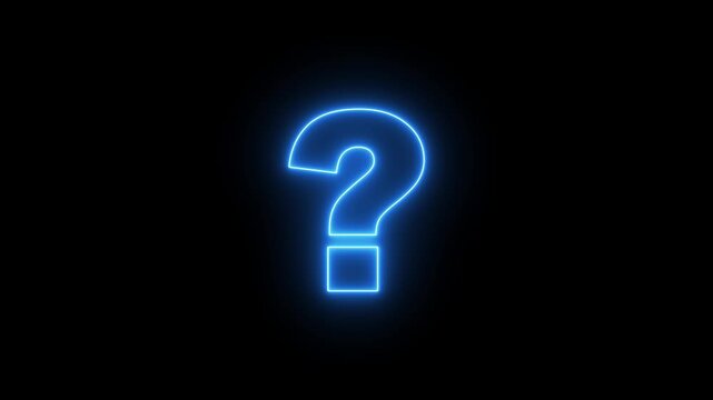 Blue neon question mark symbol on black background layout. Technical support question mark symbol for web directory search. Animated question mark sign.