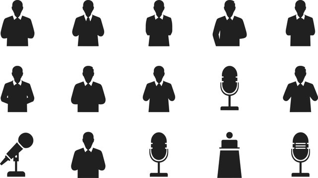 Public Speaking and Journalism Icon Set Featuring Black Silhouette Businessman Avatars Microphones Podiums and Lectern Symbols for Press Conference and Media Broadcast Layouts