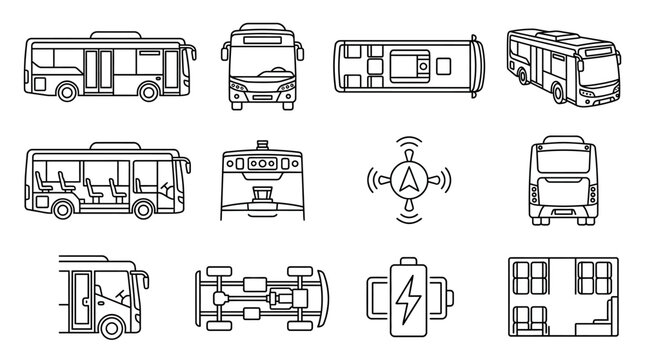Modern bus transit and battery technology icon set.
