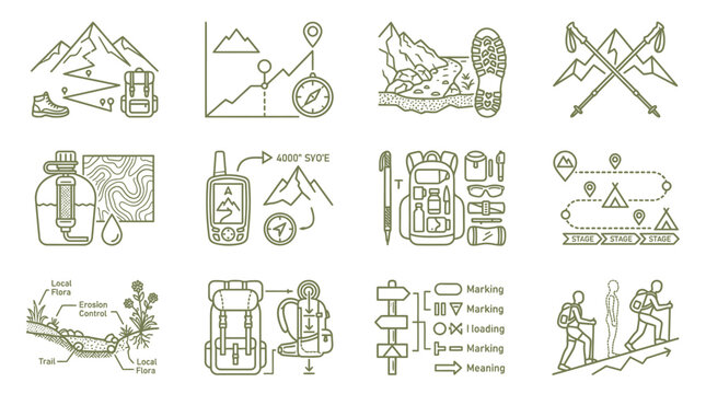 Outdoor navigation hiking gear and trail mapping icons.