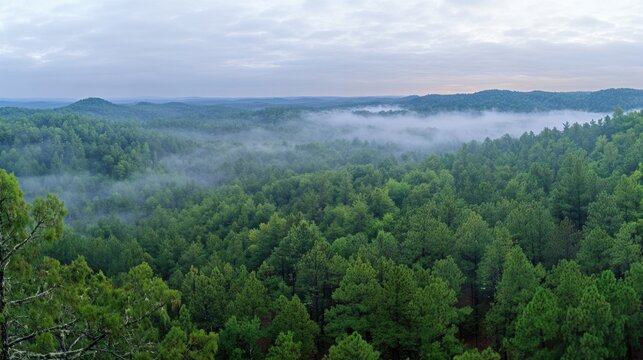 Misty forest canopy at dawn, rolling hills in distance