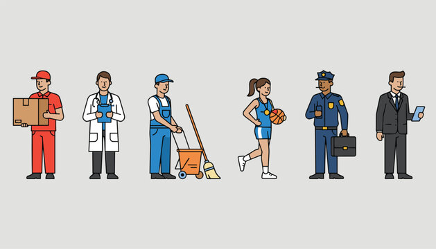 Lineup of six characters representing different professions including a delivery driver, doctor, janitor, and police officer.