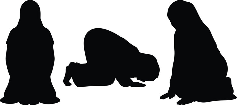 Muslim woman praying silhouette vector set, Islamic prayer poses, traditional religious worship, spiritual devotion, Ramadan and Eid al-Fitr concept