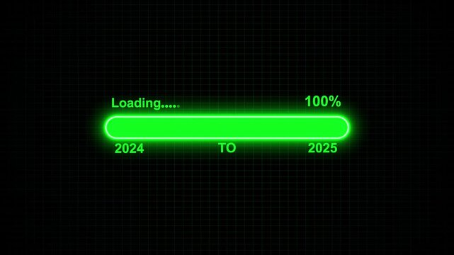 Green neon loading bar transitioning from 2024 to 2025. New year loading bar symbol for corporate time line milestone. Animated progress bar graphic.