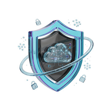 3D AI automation shield with cloud computing protection symbol and glowing blue light effects isolated transparent background png