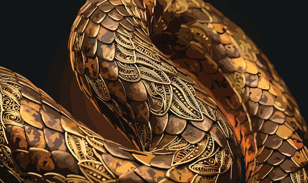 Intricate golden dragon scales close-up with ornate filigree pattern vector illustration on a dark background
